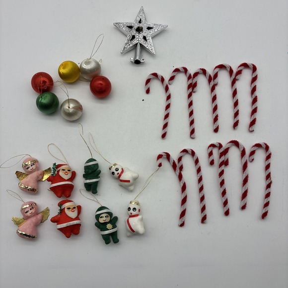 The Unbranded Brand Other - Vtg Lot of 25 Flocked Kitschy Mini Christmas Ornaments Santa Elf Satin Balls